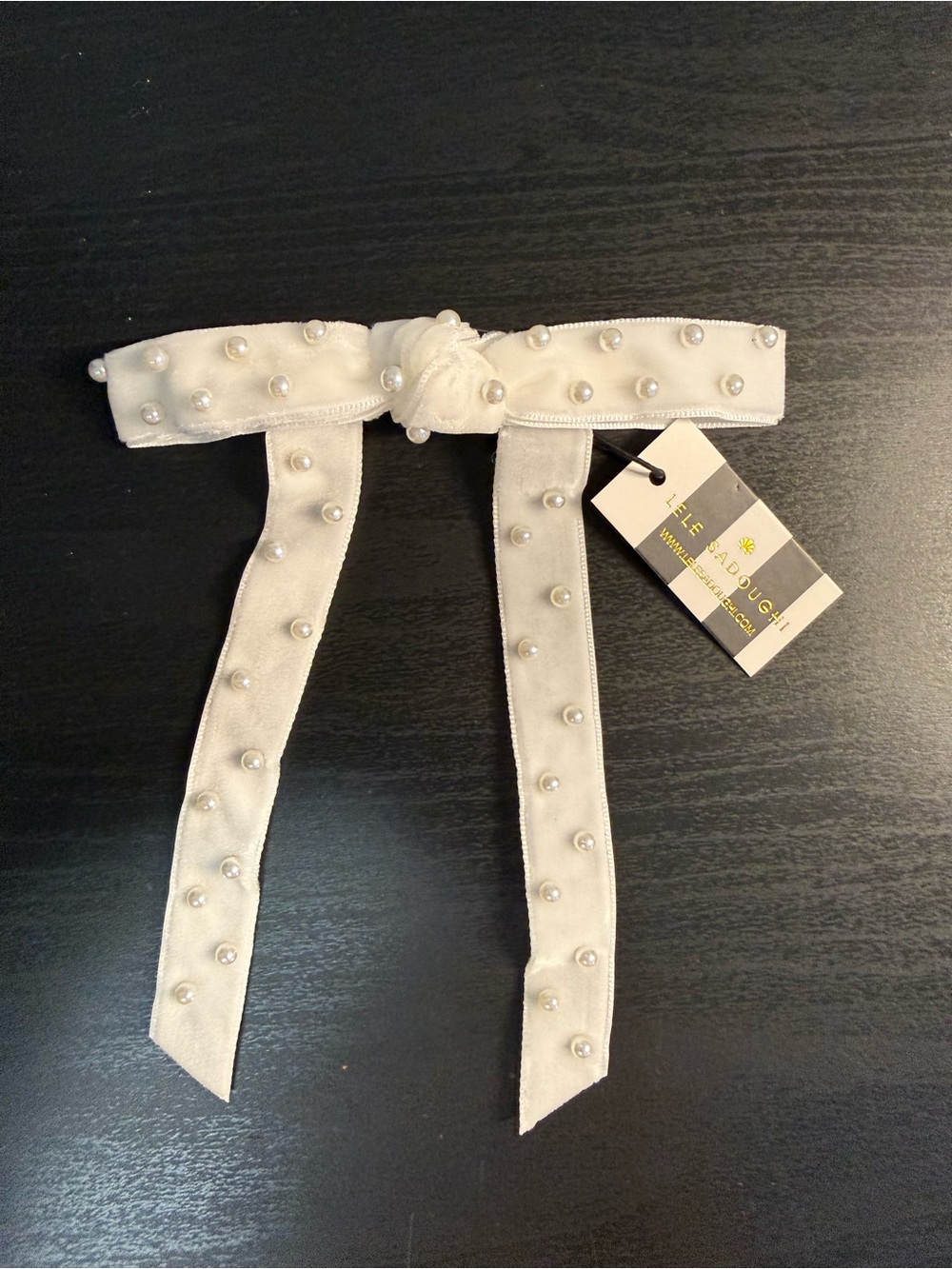 Lele Sadoughi Cream Velvet Pearl Knot Hair Bow Tie